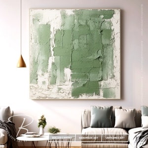 Image showcasing Minimalist Green & White Textured Abstract Painting on Canvas, Large ...