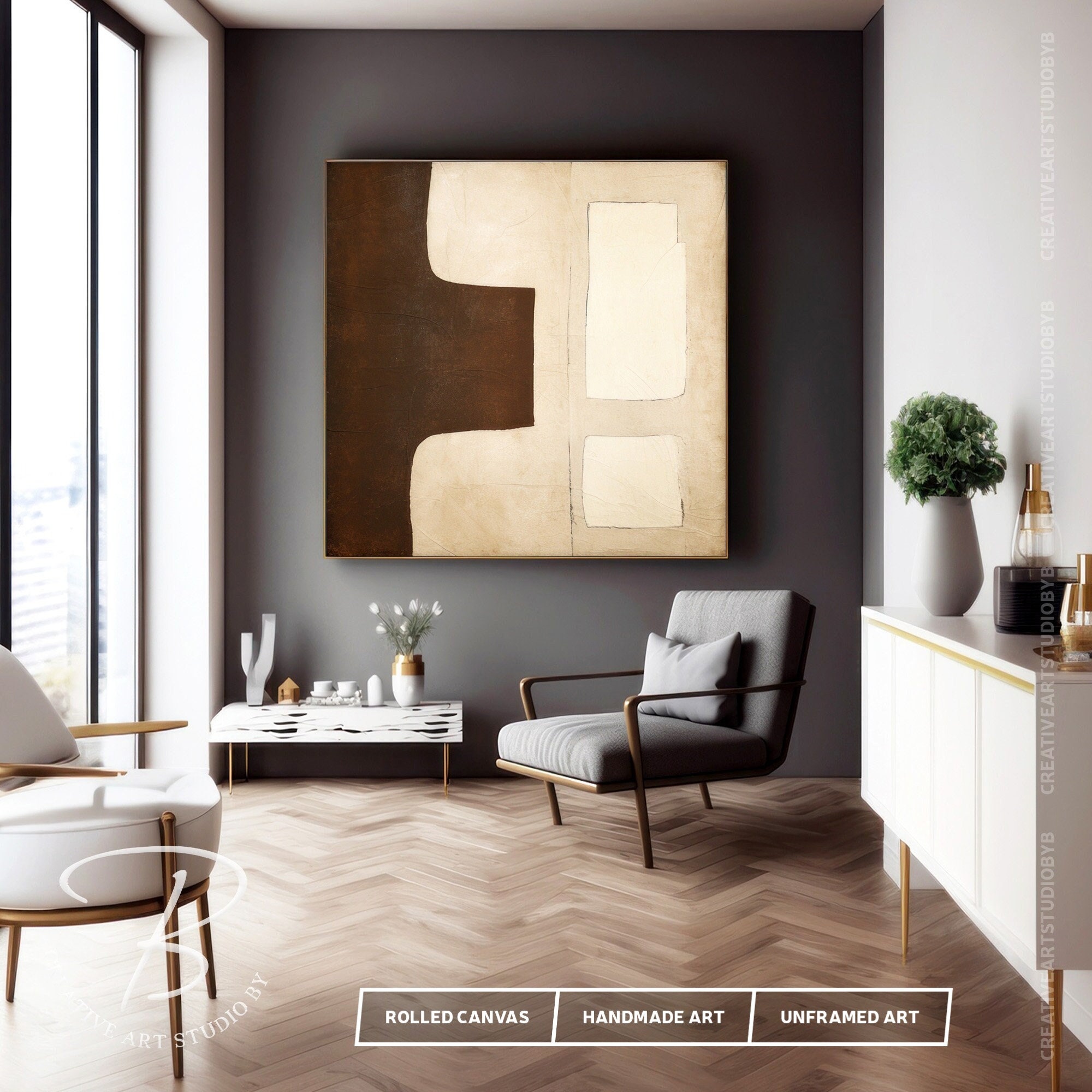  Large Horizontal Abstract Wall Art Brown Beige, Beige & Gray  Painting On Canvas, Extra Large Rolled Canvas, Minimalistic Panoramic  Artwork.,(41 * 81cm) 16 * 32,Stretch+Black Frame : Everything Else