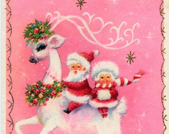 Download digitale Biglietto di Natale vintage anni '50 Babbo Natale rosa e renna