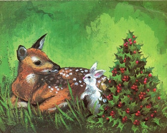 Download digitale Biglietto di auguri di Natale Cervo e coniglio Agrifoglio anni '50