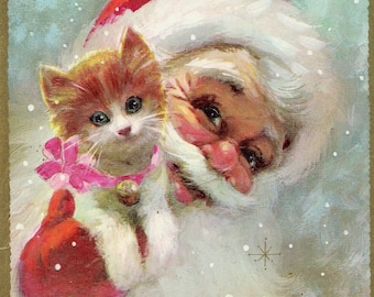 Download digitale Cartolina di Natale vintage Babbo Natale e gattino fiocco rosa anni '50