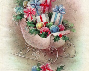 Download digitale Biglietto di auguri natalizi anni '30 Slitta rosa e regali