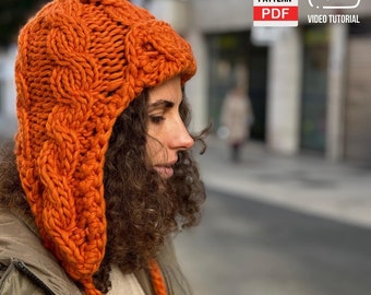 耳あて付き帽子の編み図｜チャンキーニット、ビデオチュートリアル（PDF）