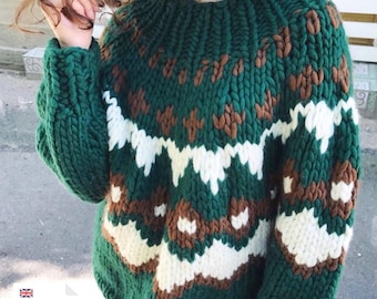 Patrón de tejido de suéter Fair Isle: jersey grueso extragrande, patrón PDF con un acogedor estampado de colores.