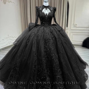 Black Lace Wedding Dress, Vintage Gothic High Neck Medieval Fantasy Renaissance Corset Princess Ball Gown Open Back Sparkly Tulle Long Train