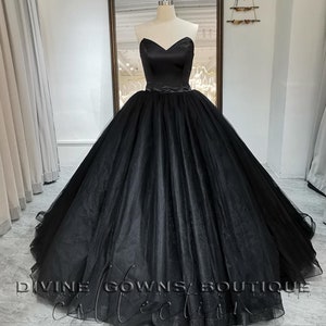 Black Tulle Wedding Dress,Black Gothic Deep V Neck Satin Corset Ball Gown Strapless Fluffy Tulle Skirt&Long Train,Alternative Wedding Dress