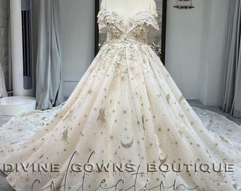 Celestial Wedding Dress,Beaded Crystal Pearl Ivory Champagne 3D Flower Lace Corset Ball Gown Glitter Gold Star Moon Unicorn Tulle Long Train