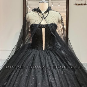 Luxury Beaded Black Gothic Corset Wedding Gown Hooded Cape Cloak Veil,Sparkly Black Tulle Ballgown Wedding Dress Long Train,Alternative Gown