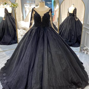 Luxury Black Gothic Ball Gown Beaded Corset Wedding Dress,Black Sparkle Tulle 3D Flower Lace Sheer Sleeve Goth Ballgown Open Back&Long Train