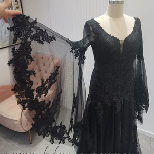 Black Flower Lace Wedding Dress With Open V Button Back&Large Tulle Flare Bell Sleeve,Black Boho Wedding Dress,Non Traditional Wedding Dress