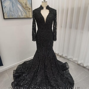Black Gothic Sparkly Mermaid Plunge Wedding Dress Long Train,Black Crystal Beaded 3D Floral Lace Bling Tulle Trumpet Alternative Bridal Gown