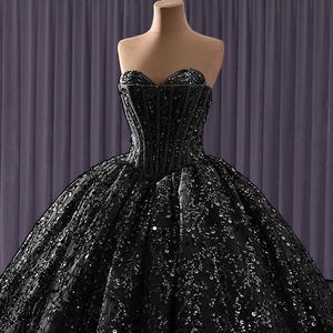 Gothic Black Strapless Corset Wedding Dress,Medieval Royal Princess Glitter Cinderella Ball Gown,Dark Fairytale Elegant Gothic Wedding Gown