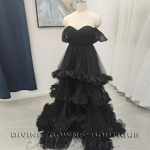 Tulle Black Wedding Dress,High Waist Pleated Tiered Ruffle Layered Fluffy Sheer Slit Wedding Dress With Long Train,Alternative Wedding Dress