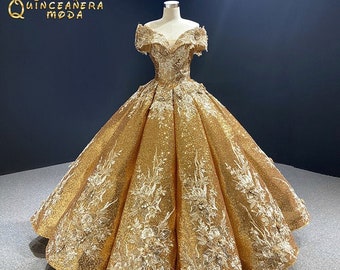 Quinceanera Dress Gold, Gold Quinceanera Dress, Gold Quinceñera Dress Flower Lace, Gold Quince Dress, Luxury Beaded Quinceanera Dress Floral