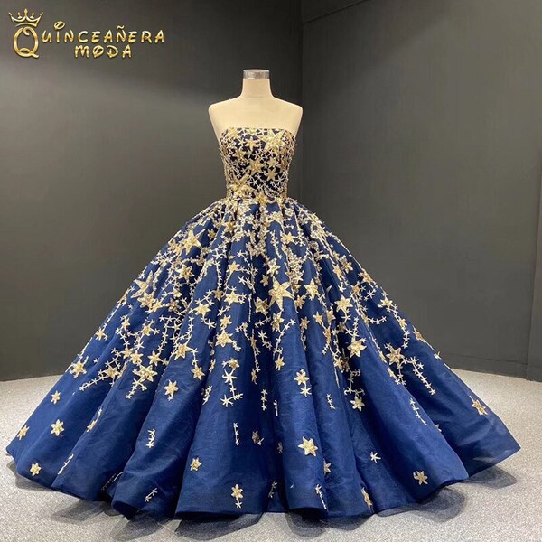 Quinceanera Dress Blue, Gold Blue Quinceanera Dress, Blue Quinceñera Dress Gold Stars, Blue Quince Dress, Unique Quinceanera Dress Ball Gown