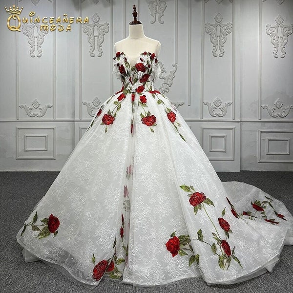 Quinceanera Dress White, White Quinceanera Dress Red Flowers, Quinceñera Dress White Red, Quince Dress Traditional, Charro Quinceanera Dress