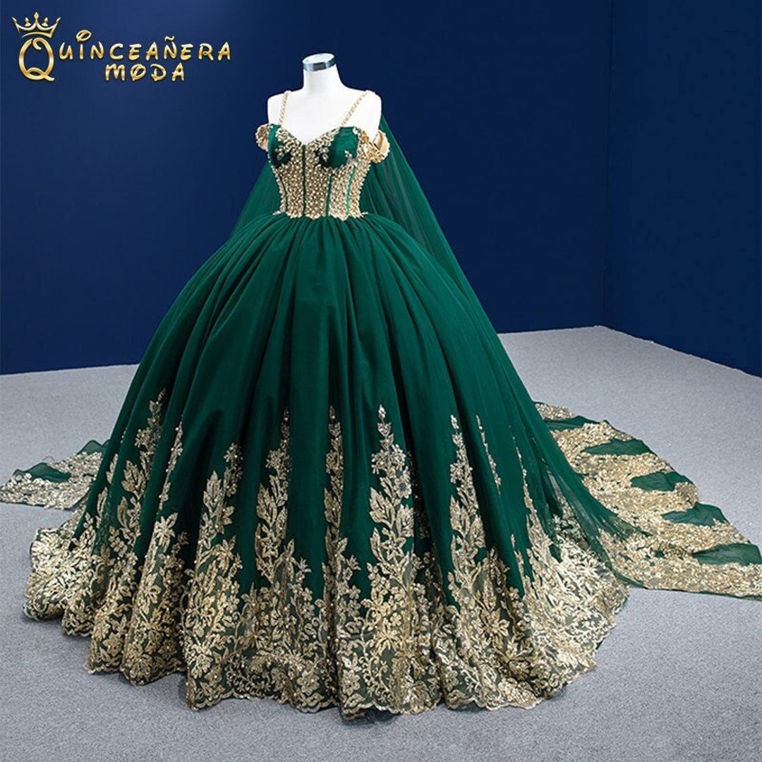emerald green and gold dress