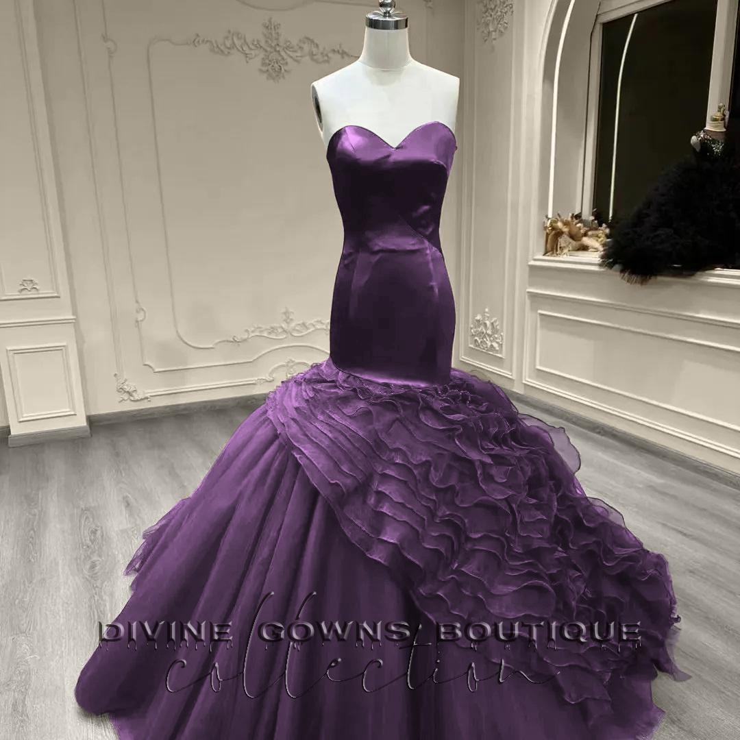 Purple Mermaid Wedding Dress, Luxury Gothic Satin Strapless Corset ...