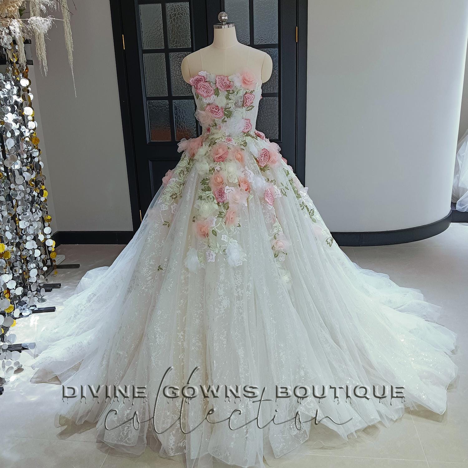 Beautyoung Appliqued Halter Wedding Dress - Color Flowers On Tulle, A-Line Floor Length, Magenta Size 2 - View #10