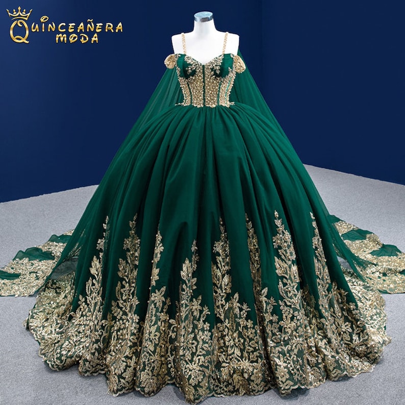 Emerald Green Quinceanera Dress, Gold Green Quinceanera Dress Charro, Quinceñera Dress Emerald