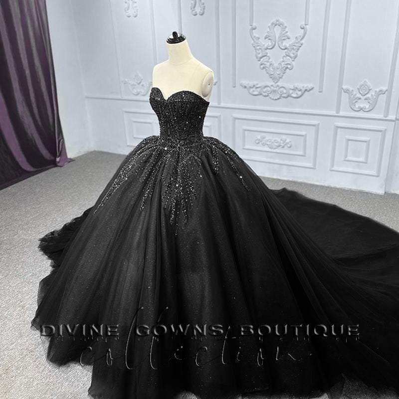 Strapless Ball Gown Wedding Dress Stunning Vintage Black Ball Gown   Embroidered Strapless Wedding Dress For Prom, Pageant & Sweet 16 | Lace-Up  Corset & Pockets Black Quinceanera Pageant Gown