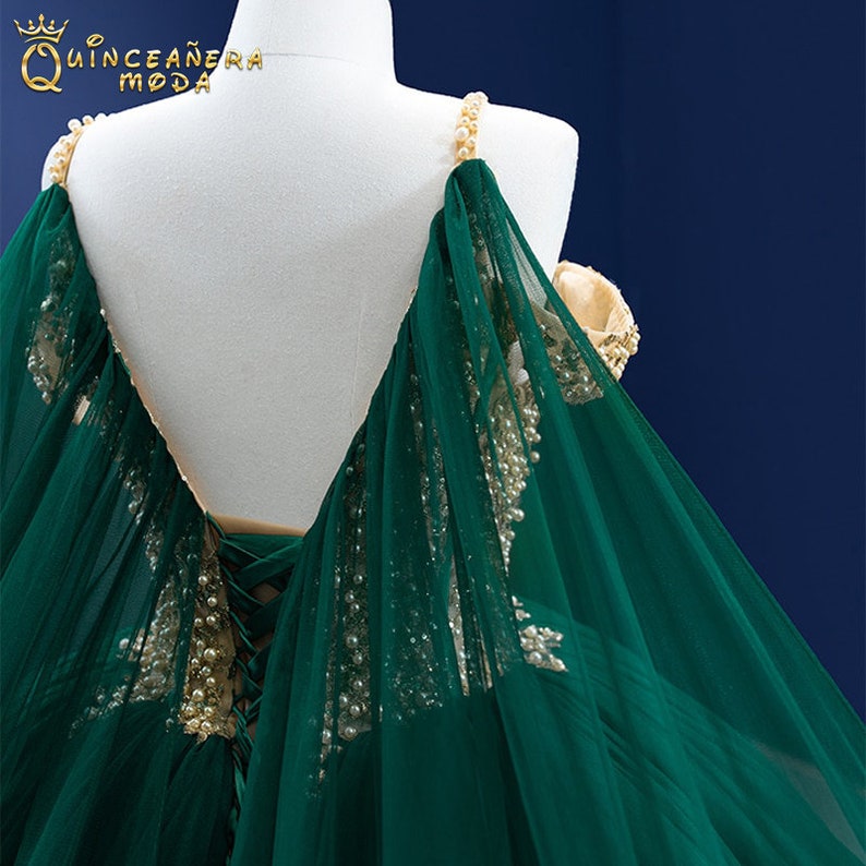 Emerald Green Quinceanera Dress, Gold Green Quinceanera Dress Charro, Quinceñera Dress Emerald