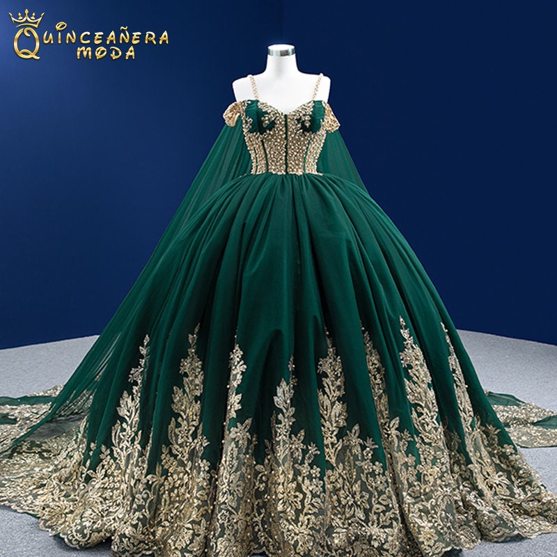Emerald Green Quinceanera Dress Gold Green Quinceanera Dress
