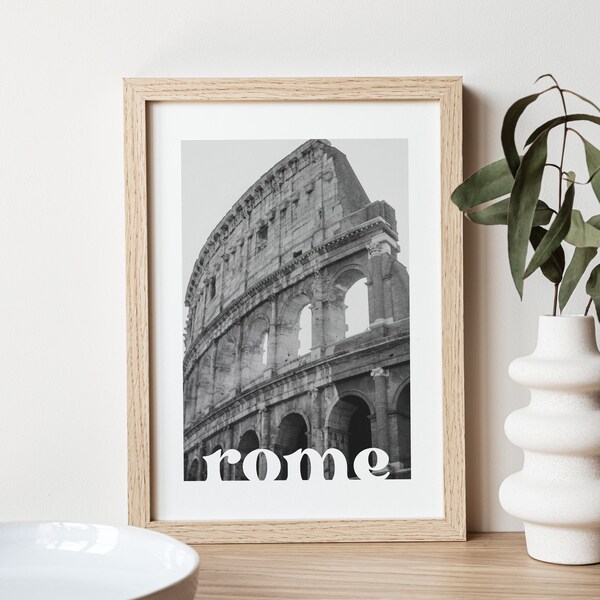 Rom druckbare Wandkunst, Kolosseum Foto herunterladbares Poster mit Retro Schriftart