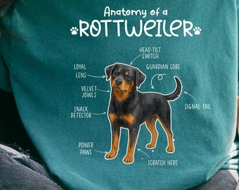 May include: Teal-colored t-shirt featuring a Rottweiler anatomy diagram. The graphic includes labeled parts like "Loyal Lens," "Velvet Jowls," and "Signal Tail." The text "Anatomy of a Rottweiler" is at the top, with paw prints.