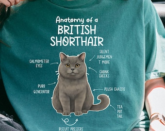 May include: Teal-colored t-shirt featuring a detailed illustration of a British Shorthair cat with labeled anatomical features. Text on the shirt reads "Anatomy of a British Shorthair" with labels like "Calmometer Eyes" and "Biscuit Pressers."