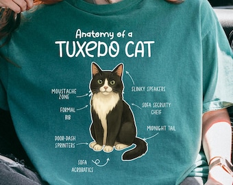 以下が含まれることがあります： 「Anatomy of a Tuxedo Cat」の文字と、白黒の猫のイラストが描かれたティール色のTシャツ。イラストには、「Moustache Zone（ひげゾーン）」や「Midnight Tail（真夜中の尻尾）」などの猫の特徴が示されています。