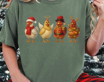 Christmas Chickens Shirt, Santa Chicken Christmas T-Shirt, Funny Animals Shirt, Farm Lover Gift, Christmas Lights Tee, Xmas Party Tees, E892