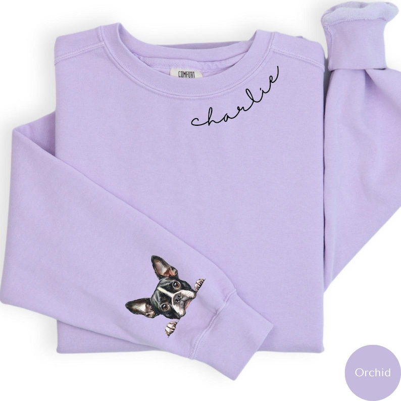 Pode incluir: Uma camisa de moletom lil&aacute;s com o nome "charlie" bordado na frente. A cabe&ccedil;a de um c&atilde;o Boston Terrier est&aacute; espiando da manga.