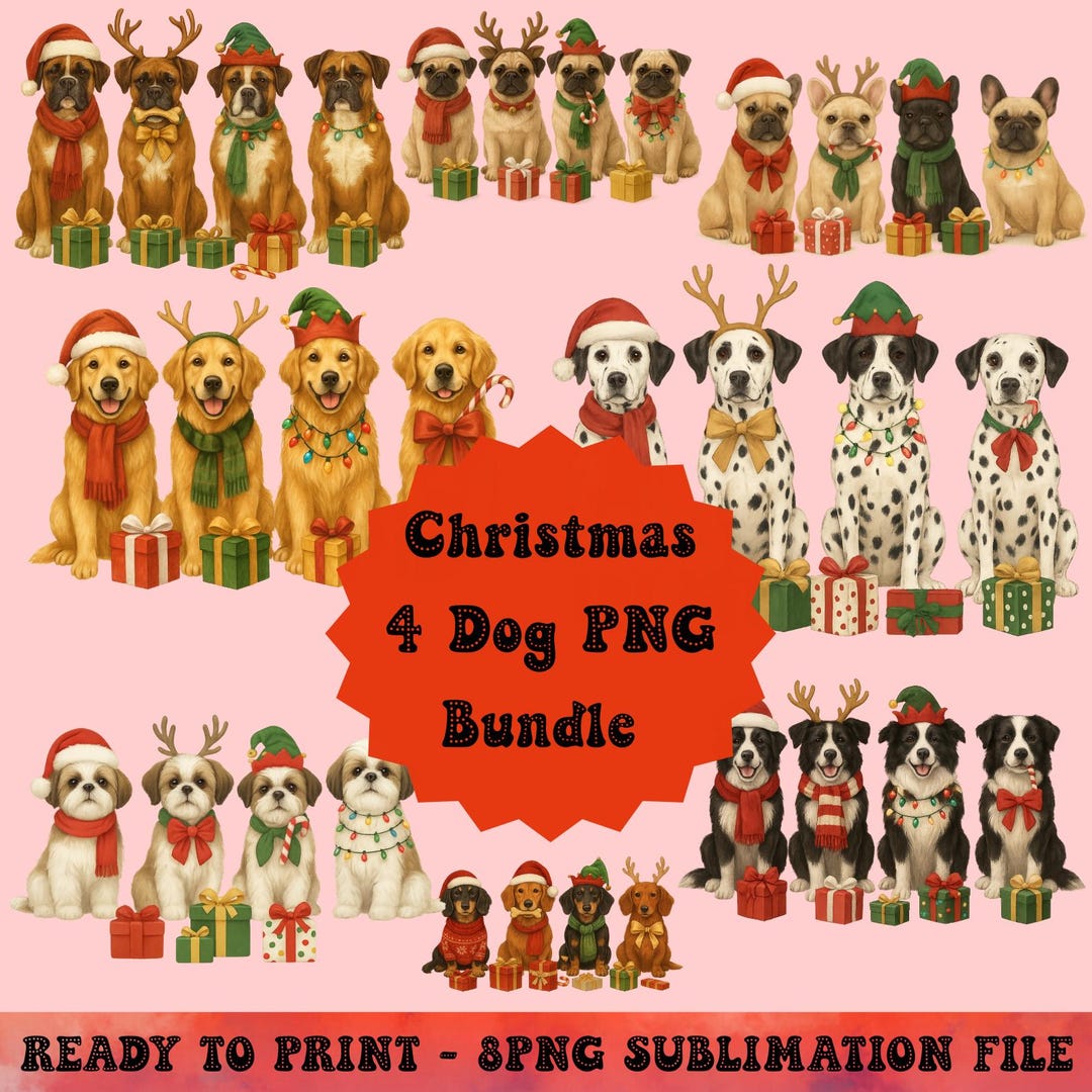 Christmas Dog PNG Bundle, Festive Puppy Sublimation Pack, Holiday Pet ...