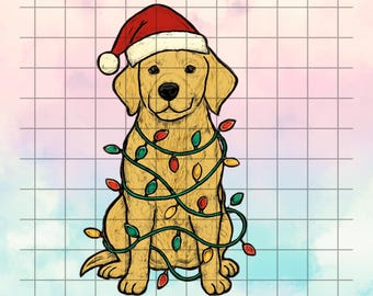 Christmas Golden Retriever Premium PNG-ontwerp, kerstverlichting Santa Retriever, hond kerstmuts png, vakantie hond clipart, Instant Download