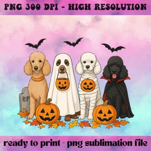 May include: A Halloween-themed digital graphic featuring four dogs dressed in costumes. One dog is a ghost, another a mummy, and a third a vampire. Pumpkins and bats are also included in the design. The text "PNG 300 DPI - HIGH RESOLUTION" and "ready to print - png sublimation file" are also included.
