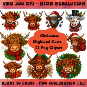 10 + Christmas Highland Cow Png Bundle, Baby Highland Cow Png, Cute Christmas Cows, Christmas Clipart, Christmas Png, Highland Cow Png