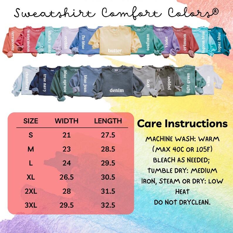 Pode incluir: Uma tabela de tamanhos para sweatshirts com medidas em polegadas. A tabela mostra o tamanho, a largura e o comprimento das sweatshirts. As instru&ccedil;&otilde;es de cuidados tamb&eacute;m s&atilde;o listadas: lavar &agrave; m&aacute;quina com &aacute;gua morna, branquear conforme necess&aacute;rio, secar na m&aacute;quina a baixa temperatura, passar a ferro, vaporizar ou secar a baixa temperatura, n&atilde;o limpar a seco.