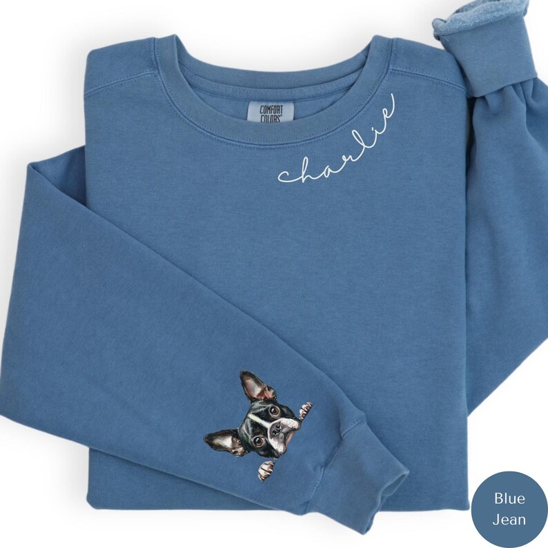 Pode incluir: Uma camisa de moletom azul jeans com o nome "charlie" bordado na frente e um Boston Terrier espiando da manga.
