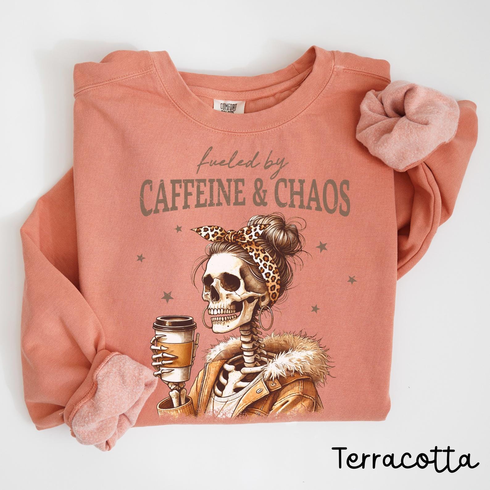 Comfort Colors Fueled by Caffeine and Chaos, Funny Skeleton Coffee Lover Shirt, Skull with Coffee Cup Graphic Tee, Halloween Coffee Tee C441