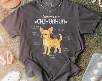 Puede incluir: Camiseta gris oscuro con un diagrama de un chihuahua, etiquetado como "Anatomía de un chihuahua". El diagrama incluye etiquetas como "Diva Ears", "Soulful Eyes" y "Pocket Rocket". Se ilustra un chihuahua de color canela en el centro.