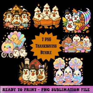 Puede incluir: Una colección de siete imágenes PNG con temática de Acción de Gracias con pavos y pollos de dibujos animados. Las imágenes incluyen calabazas, tartas y follaje otoñal. El texto de la imagen dice "7 PNG Thanksgiving Bundle" y "Ready to Print - PNG Sublimation File."