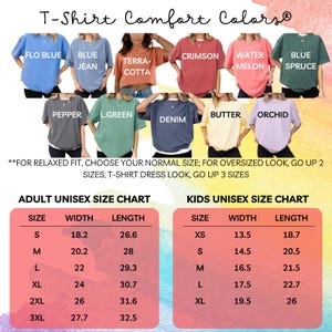 Pode incluir: Uma tabela de tamanhos para t-shirts unissex para adultos e crian&ccedil;as. A tabela mostra as medidas de largura e comprimento em polegadas para diferentes tamanhos, incluindo S, M, L, XL, 2XL, 3XL, XS, S, M, L e XL.
