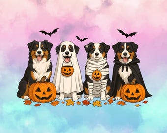 Può includere: Illustrazione digitale di quattro cani in costume di Halloween. Uno è un fantasma, un altro è bendato e due indossano mantelli. Ogni cane è vicino a una zucca intagliata. L'immagine include pipistrelli e foglie d'autunno.