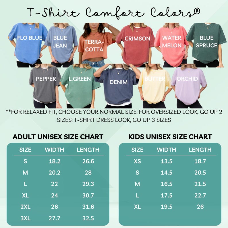 May include: A size chart for adult and kids unisex t-shirts. The chart shows the size, width in inches, and length in inches for each size. The chart also includes a note about relaxed fit, oversized look, and t-shirt dress look.