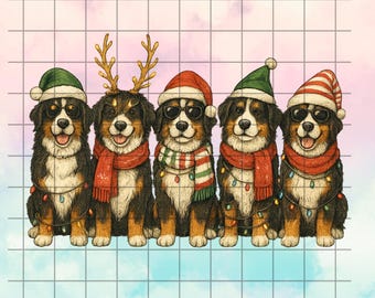 Op de afbeelding: Een digitale illustratie met vijf Berner Sennenhonden, elk met feestelijke vakantieaccessoires. Ze dragen zonnebrillen, kerstmutsen, rendiergeweien en sjaals, met lichtslingers. De afbeelding bevat de tekst "PNG 300 DPI - HIGH RESOLUTION" en "ready to print - png sublimation file."