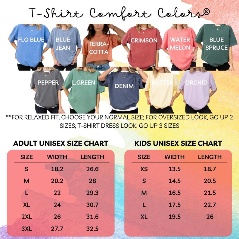 Pode incluir: Uma tabela de tamanhos para t-shirts unissex para adultos e crian&ccedil;as. A tabela mostra as medidas de largura e comprimento em polegadas para cada tamanho. Os tamanhos para adultos s&atilde;o S, M, L, XL, 2XL e 3XL. Os tamanhos para crian&ccedil;as s&atilde;o XS, S, M, L e XL.