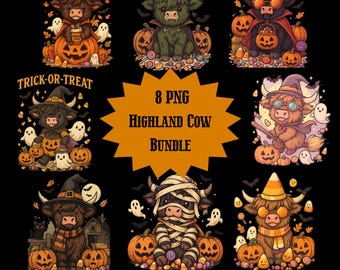 8 Cute Highland Cow Png, Kawaii Spooky Png, Cute Halloween Animal Clipart Bundle, Highland Cow Png Bundle, Sublimation Png, Digital Download