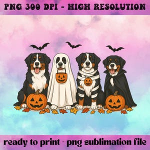 May include: Digital illustration of four dogs in Halloween costumes. One is a ghost, two are bandaged, and one wears a cape. Each dog has a jack-o'-lantern, set against a watercolour background. The image includes text: 'PNG 300 DPI - HIGH RESOLUTION'.