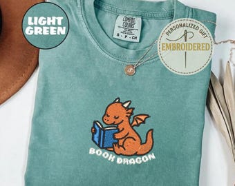 Embroidered Book Dragon Shirt, Cute Dragon Reading Tee, Fantasy Book Lover Tees, Cozy Reader Gift, Nerdy Fall Top, Bookish Dragon Tee, EM045